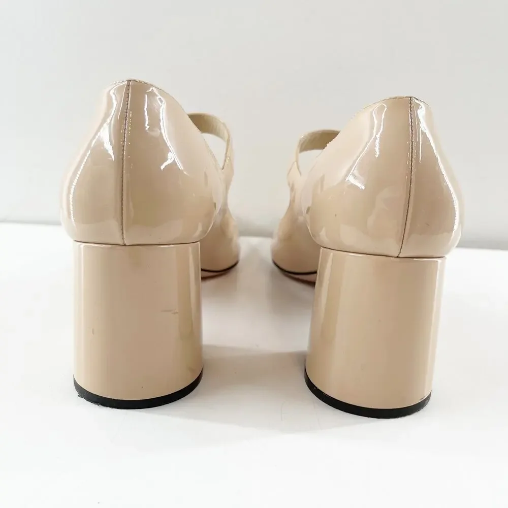 Prada Patent Leather Block Heel Square Toe Mary Jane Pumps Shoes Nude 38.5